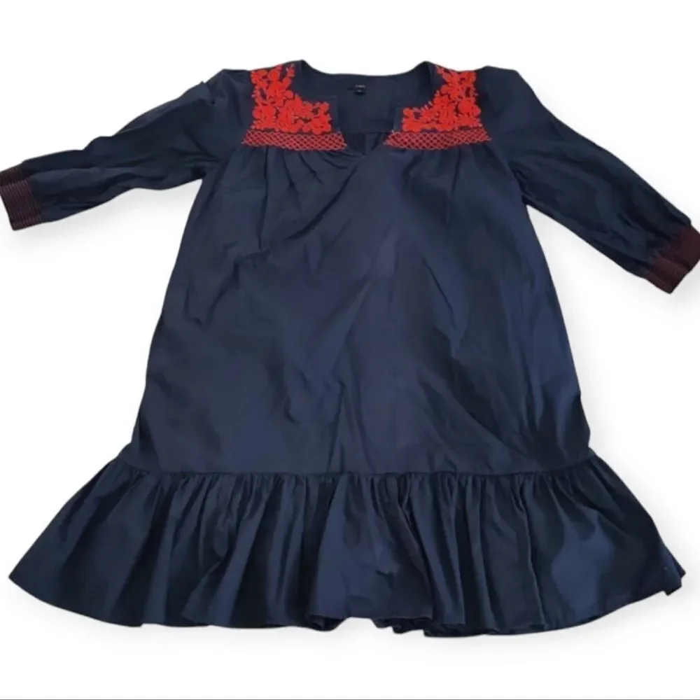 J. Crew Dark Blue Dress with Bright Red Embroidery Size S
